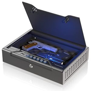 Quick Access Gun Safe with Voice Prompts and Alarm,Max 4 Pistols Multifunction Pistol Safe with Fingerprint Identification and Biometric Lock and Digital Keypad,Smart Handgun Safe for Indoors,Biometric Gun Safe Bedside